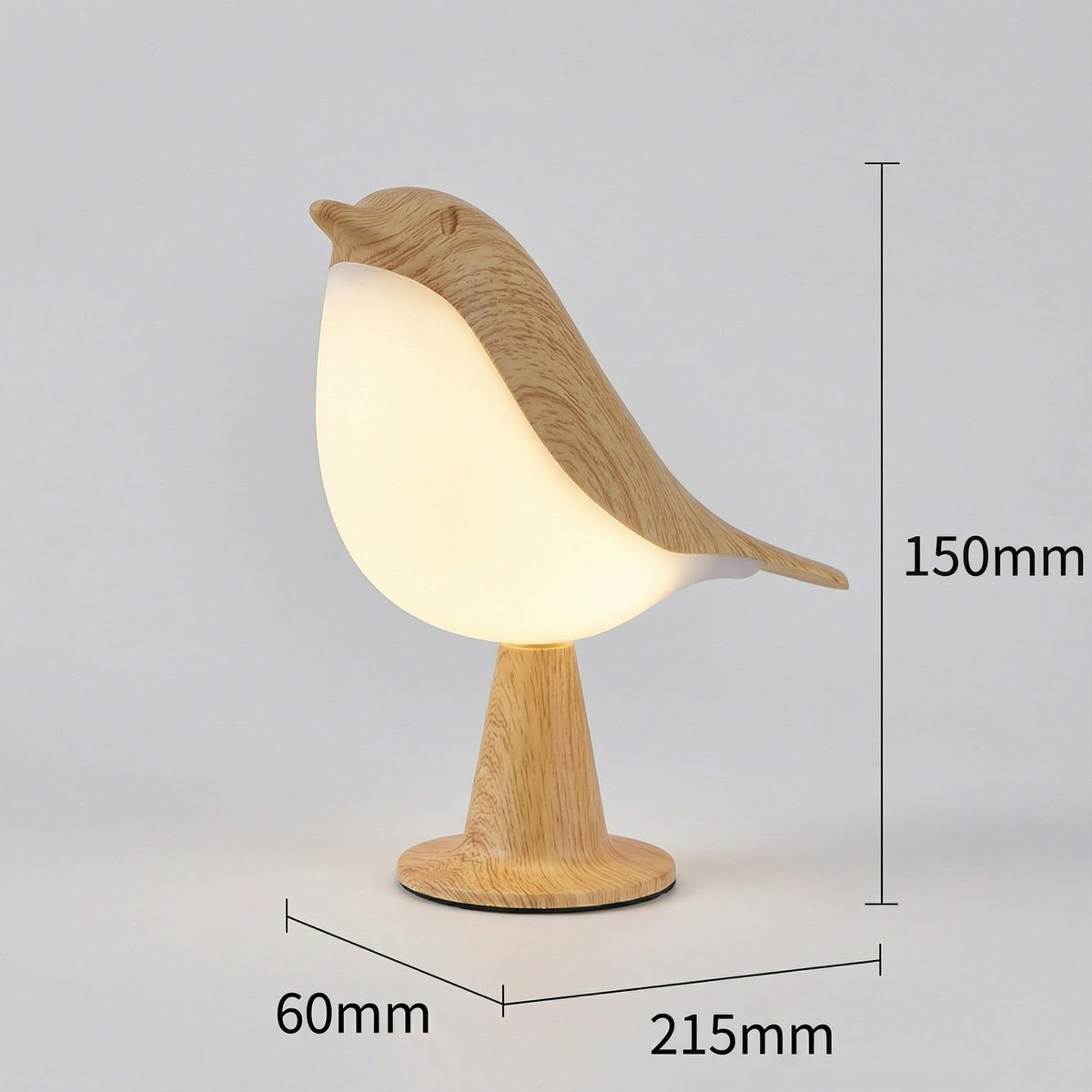 Bird lamp size: 150 mm tall, 215 mm long