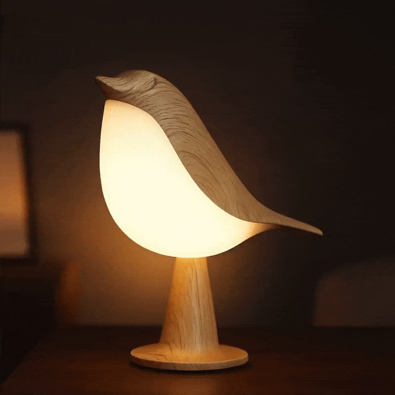 Bird lamp glowing in a dark room